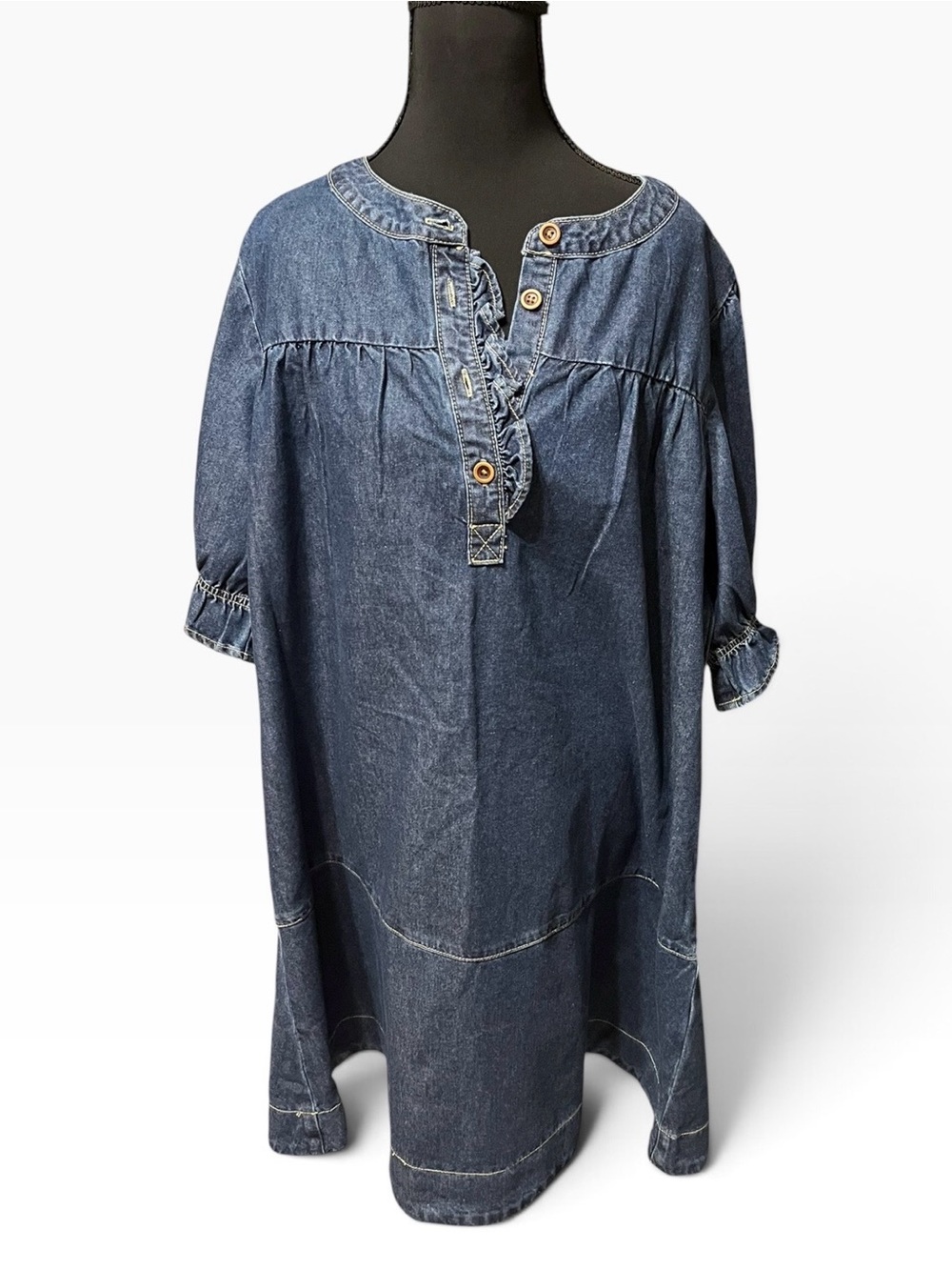 Dark Blur Denim Puff-Sleeve Mini Dress Size XL - Picture 2 of 6